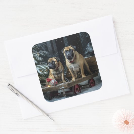 ブルマスティフ雪そりクリスマスデコール スクエアシール (封筒)