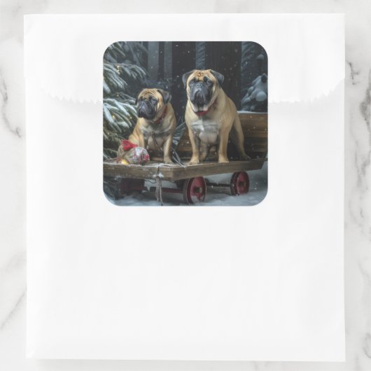 ブルマスティフ雪そりクリスマスデコール スクエアシール (バッグ)