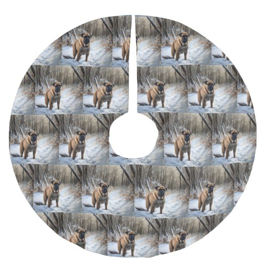 ブルマスティフ雪のクリスマス ブラッシュドポリエステルツリースカート (正面)