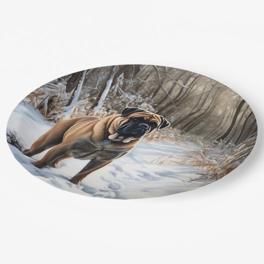 ブルマスティフ雪のクリスマス ペーパープレート (アングル)