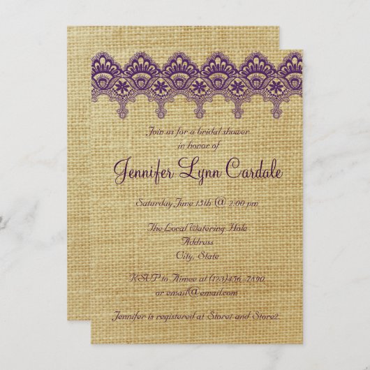 ブルラップパープルダマスクレースブライダルシャワー招待状 招待状 (正面/裏面)