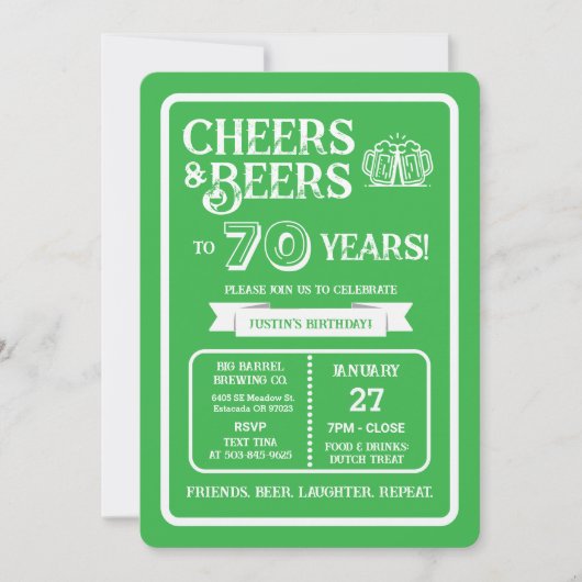 ブルワリーパブの誕生日おめでとう 70歳のビールで乾杯 招待状 (正面)