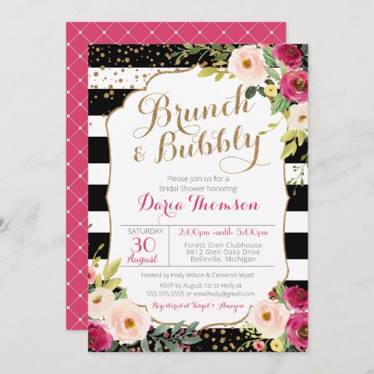 ブルンチアンドバブリーシックストライプフローラブライダルシャワー 招待状 (正面/裏面)