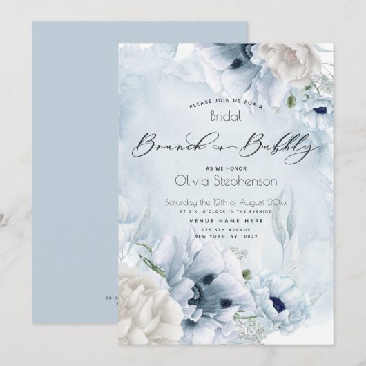 ブルンチ バブル ブライダル シャワー ウォーターカラー ブルー フラワー 招待状 (正面/裏面)