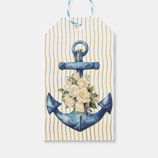 ブルーいかりとクリームバラギフトラベル ギフトタグ (正面)