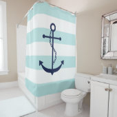 ブルーいかりオンミントストライプズ シャワーカーテン (インサイチュ)