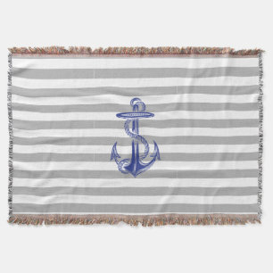 ブルーいかりグレーホワイトストライプブランケット スローブランケット