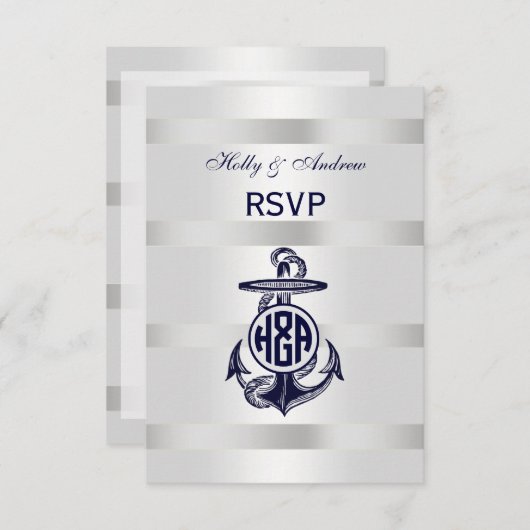 ブルーいかりシルバーホワイト海軍サークルモノグラム33 出欠カード (正面/裏面)