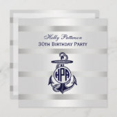 ブルーいかりシルバーホワイト海軍サークルモノグラム33 招待状 (正面/裏面)