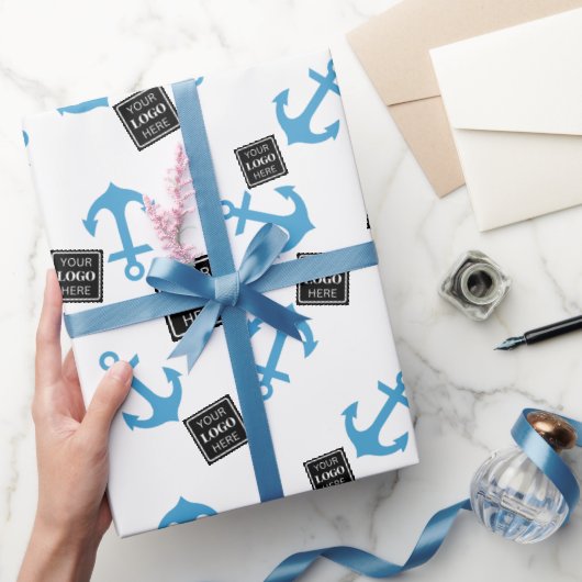 ブルーいかり&ボートビジネスロゴ ラッピングペーパー (ギフト)