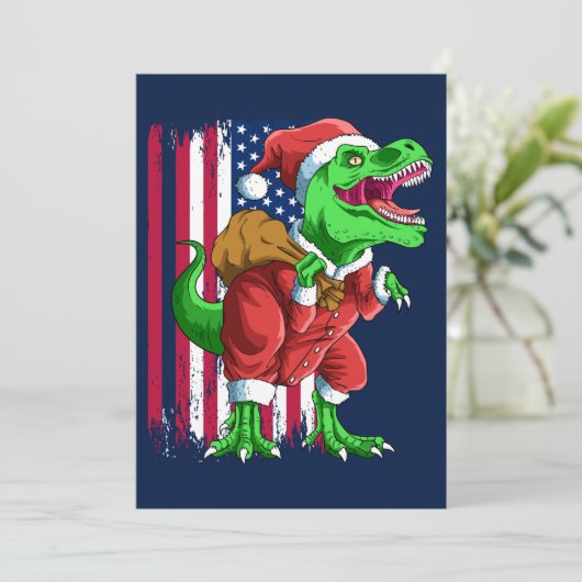 ブルーおもしろいクリスマスSantaExティラノサウルスクリスマス シーズンカード (スタンド正面)