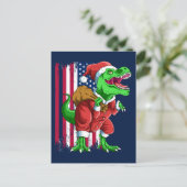 ブルーおもしろいクリスマスSantaExティラノサウルスクリスマス シーズンポストカード (スタンド正面)