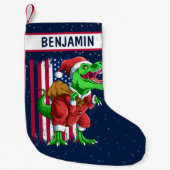 ブルーおもしろいクリスマスSantaExティラノサウルスクリスマス スモールクリスマスストッキング (正面)