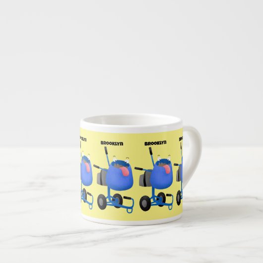 ブルーおもしろいセメントミキサー漫画イラストレーション エスプレッソカップ (正面右)