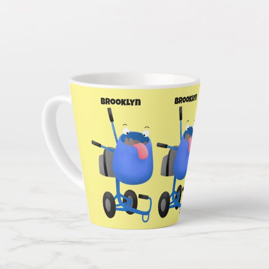 ブルーおもしろいセメントミキサー漫画イラストレーション カフェラテマグ (左アングル)