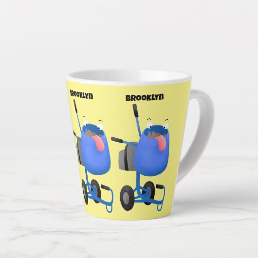 ブルーおもしろいセメントミキサー漫画イラストレーション カフェラテマグ (右アングル)