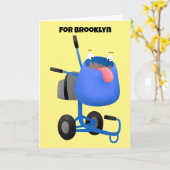 ブルーおもしろいセメントミキサー漫画イラストレーション カード (黄色い花)