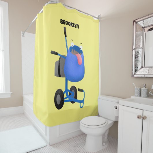 ブルーおもしろいセメントミキサー漫画イラストレーション シャワーカーテン (インサイチュ)