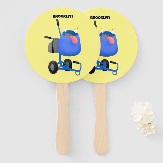 ブルーおもしろいセメントミキサー漫画イラストレーション ハンドファン (正面&裏面)