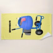 ブルーおもしろいセメントミキサー漫画イラストレーション ビーチタオル (正面)