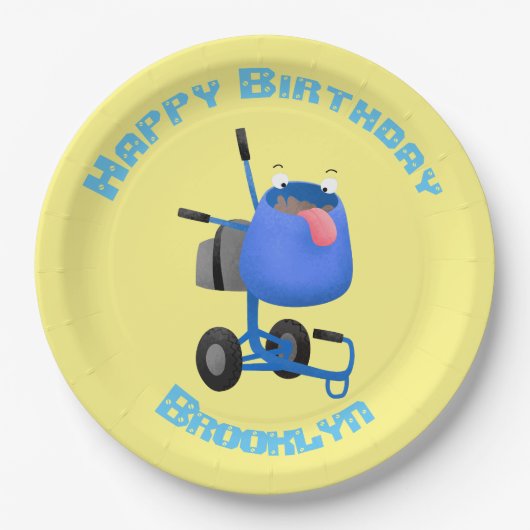 ブルーおもしろいセメントミキサー漫画イラストレーション ペーパープレート (正面)