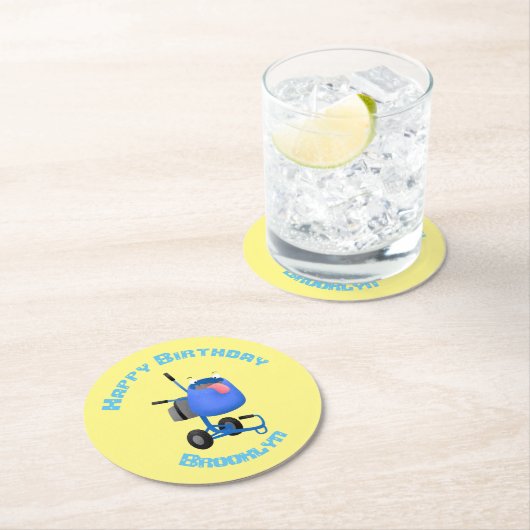 ブルーおもしろいセメントミキサー漫画イラストレーション ラウンドペーパーコースター (インサイチュ)