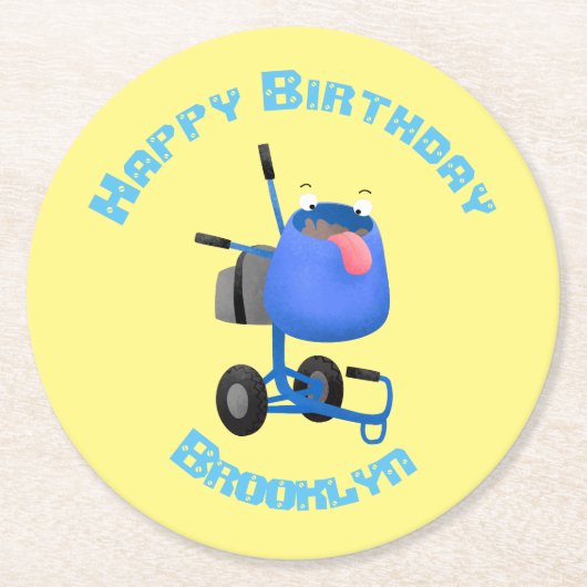 ブルーおもしろいセメントミキサー漫画イラストレーション ラウンドペーパーコースター (正面)