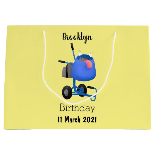 ブルーおもしろいセメントミキサー漫画イラストレーション ラージペーパーバッグ (正面)