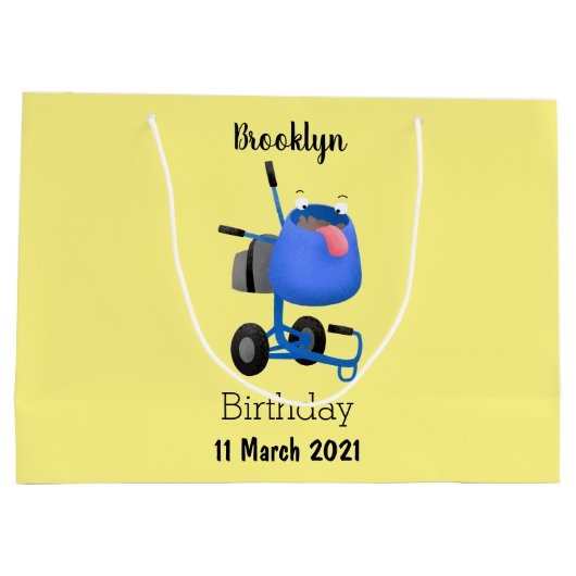 ブルーおもしろいセメントミキサー漫画イラストレーション ラージペーパーバッグ (裏面)