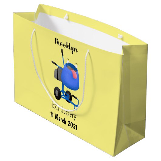 ブルーおもしろいセメントミキサー漫画イラストレーション ラージペーパーバッグ (裏面アングル)