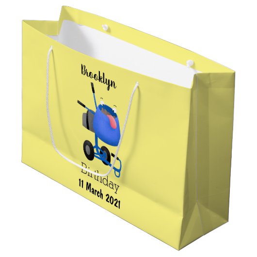 ブルーおもしろいセメントミキサー漫画イラストレーション ラージペーパーバッグ (正面アングル)