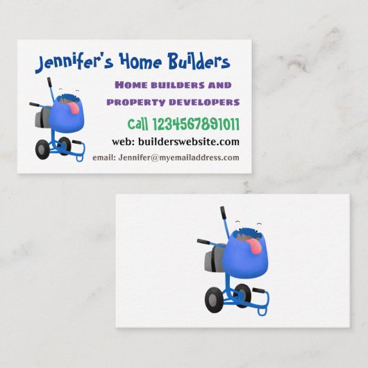 ブルーおもしろいセメントミキサー漫画イラストレーション 名刺 (正面/裏面)