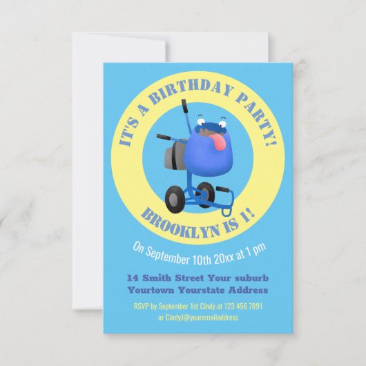 ブルーおもしろいセメントミキサー漫画イラストレーション 招待状 (正面)