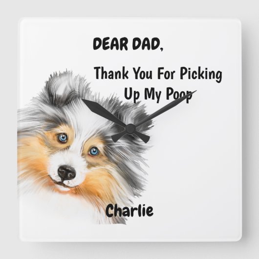 ブルーおもしろいメルルドッグパパウォーターカラーカニネアート スクエア壁時計 (正面)