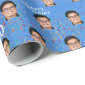 ブルーおもしろい顔カスタムフォト60thバースデーパーティー ラッピングペーパー (ロールコーナー)