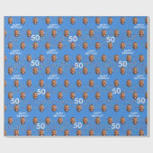 ブルーおもしろい顔カスタム写真50th誕生日パーティー ラッピングペーパー (フラット)