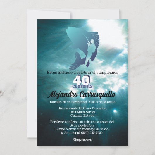 ブルーおもしろい魚釣りエイジ男性へバースデーパーティー 招待状 (正面)