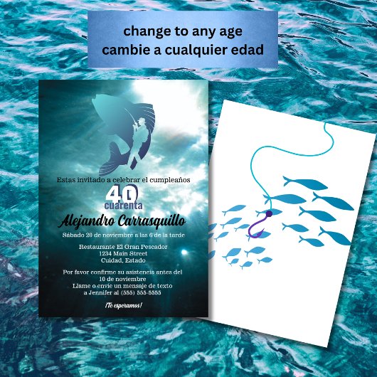 ブルーおもしろい魚釣りエイジ男性へバースデーパーティー 招待状