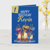 ブルーおもしろい&グリーンキャンドルトレックスボーイ1st誕生日 カード (黄色い花)