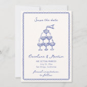 ブルーお洒落の手描き結婚式の日付を保存 招待状 (正面)