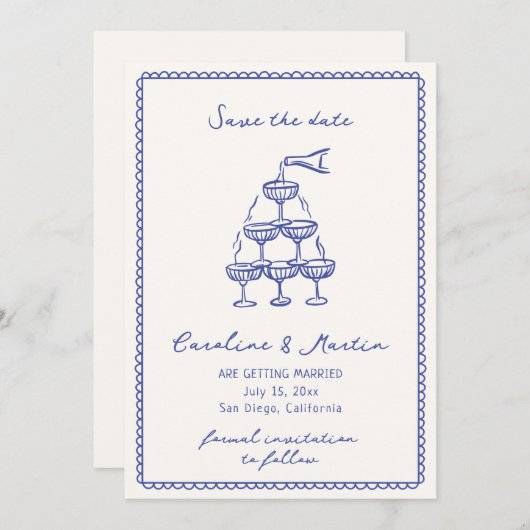 ブルーお洒落の手描き結婚式の日付を保存 招待状 (正面/裏面)