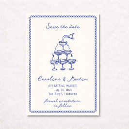 ブルーお洒落の手描き結婚式の日付を保存 招待状