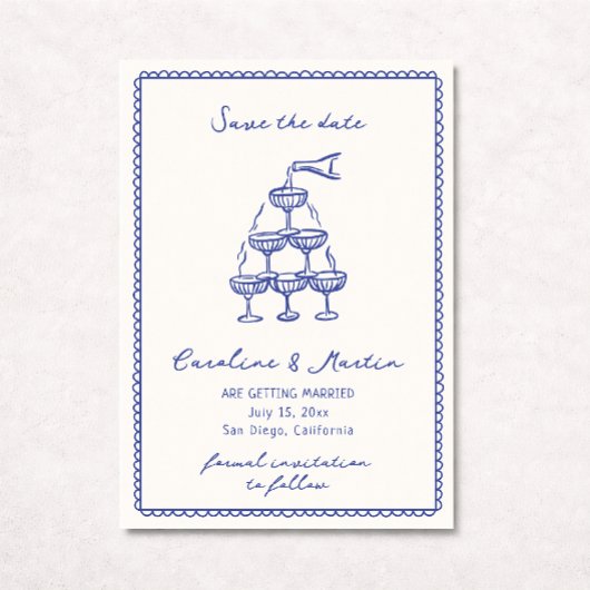 ブルーお洒落の手描き結婚式の日付を保存 招待状