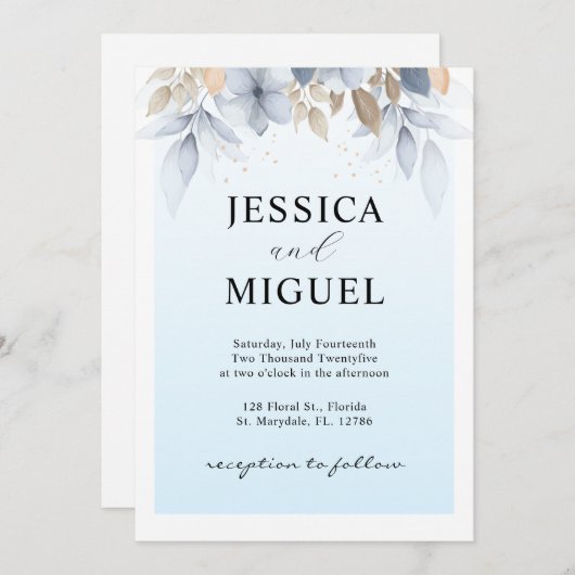 ブルーお洒落エレガンス:フローラ結婚式招待状 招待状 (正面/裏面)