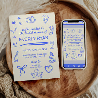 ブルーお洒落コケットスタイリッシュブライダルシャワー 招待状