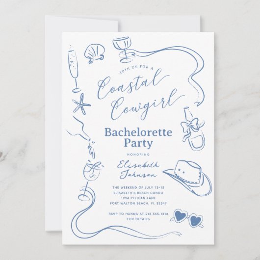 ブルーお洒落コースト女性のカーボーイバチェロレッテ 招待状 (正面)