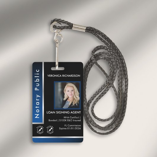 ブルーお洒落シルバー公証人QRコード写真I.D.ロゴ バッジ