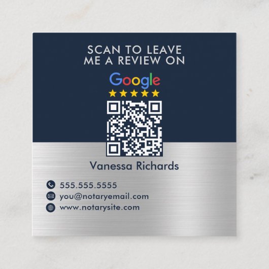 ブルーお洒落シルバーGoogleレビューQRコード公証人 スクエア名刺 (裏面)