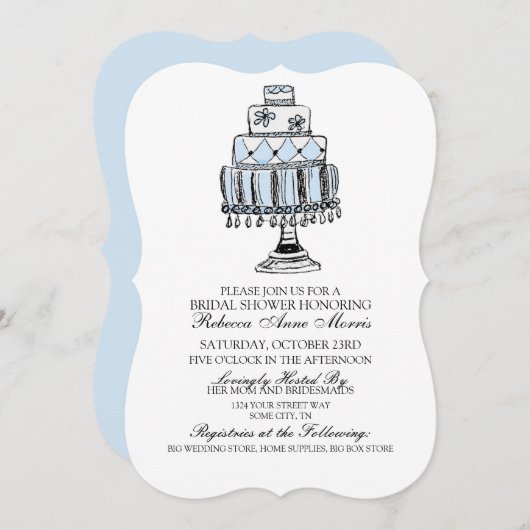 ブルーお洒落ズケ結婚ーキブライダルシャワー 招待状 (正面/裏面)
