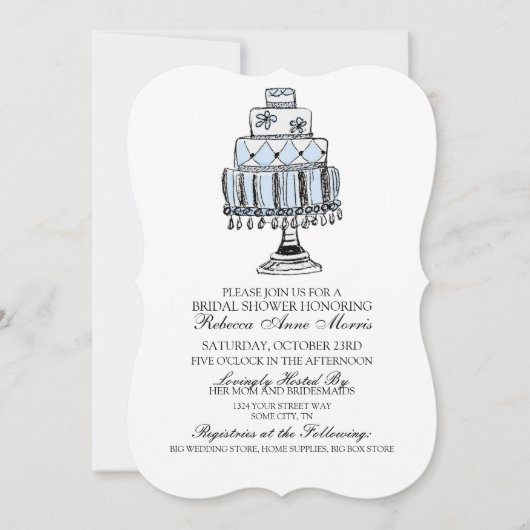 ブルーお洒落ズケ結婚ーキブライダルシャワー 招待状 (正面)
